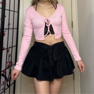 Light Baby Pink Front-Tie Ribbed Long-Sleeve Cropped Cardigan Top